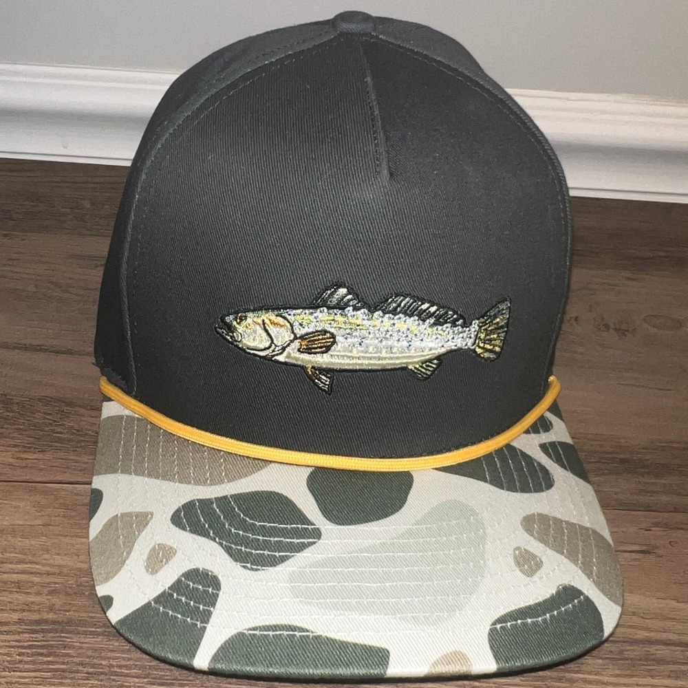 Southern String Hat Co Trout Fish Snapback Hat Black Camo Rope Trucker Cap
